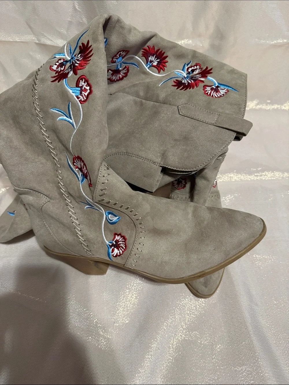 Women's Taupe Embroidered Knee-High Boots - Unbranded